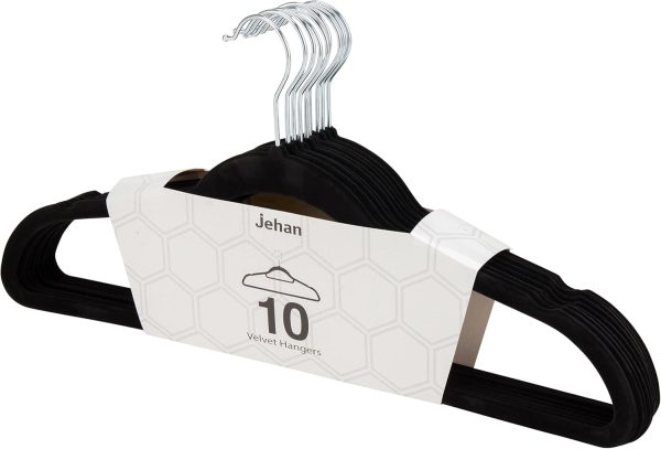 Jehan Velvet Hangers – 10-Pack, Slim Non-Slip Space-Saving Hangers with Swivel Hooks